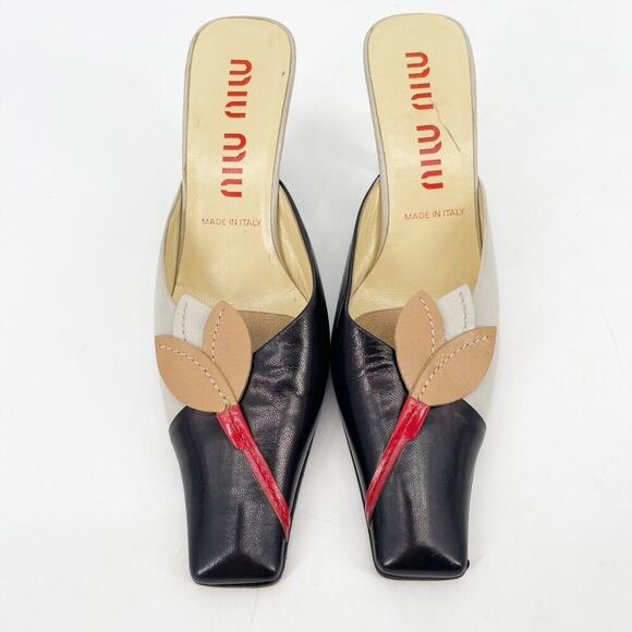 Miu Miu Vintage Retro Gray Black Tan Flower Detail Square Toe Mule Heel IT 36.5 - Picture 5 of 12